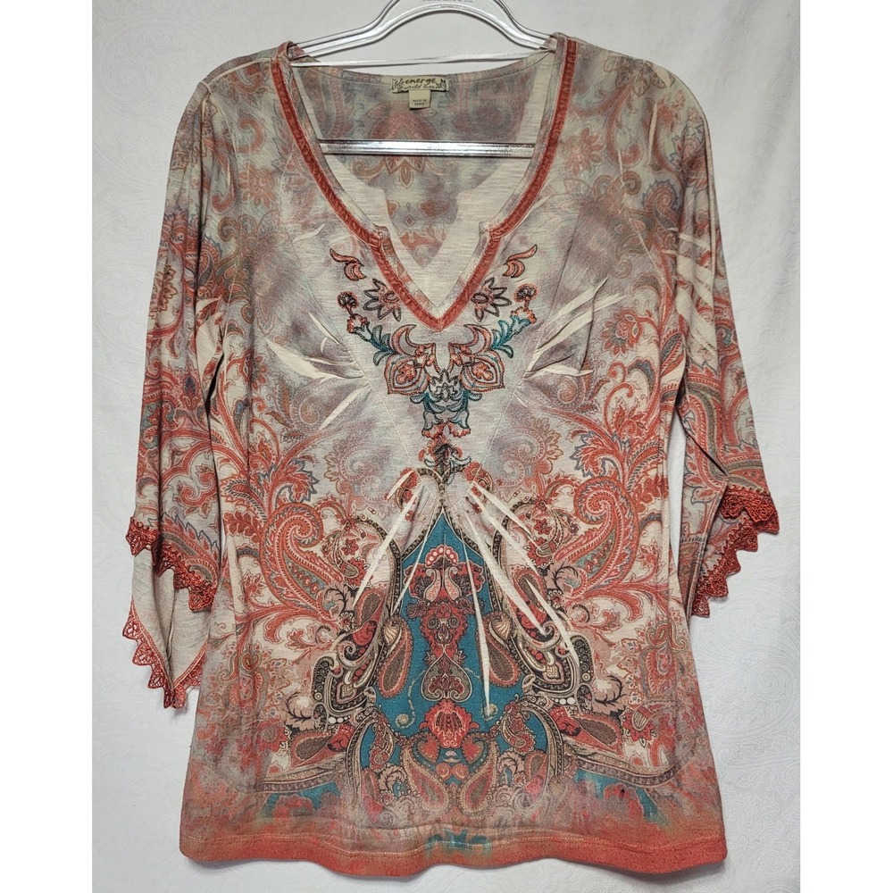 Energe Blouse Womens Medium Long Sleeve Paisley Tan Orange Boho